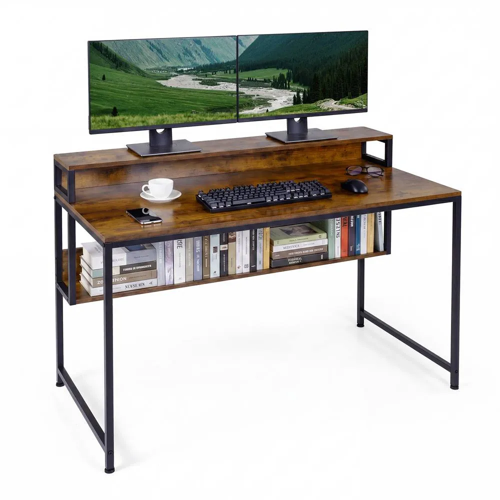 Costway 120 CM Office Desk with Monitor Stand Computer Desk with Storage Shelf in Brown