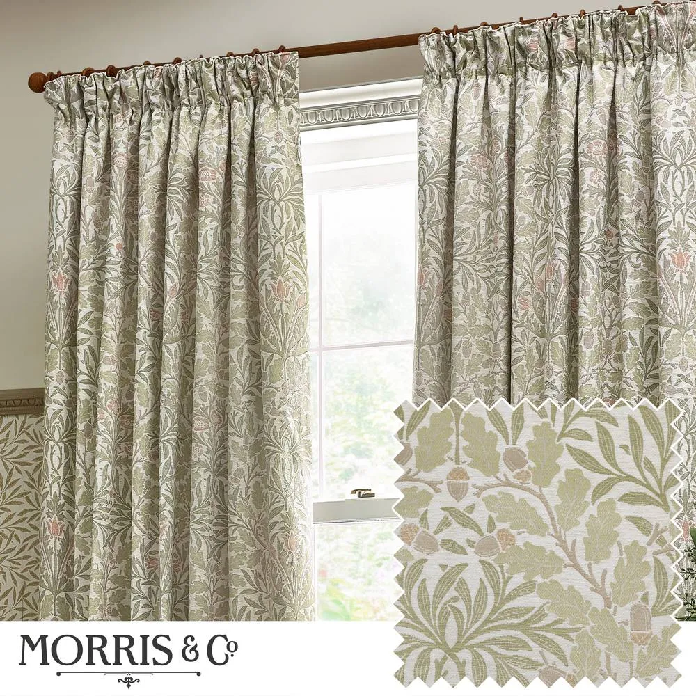 Morris & Co Acorn Multi Floral Jacquard Room Darkening Pencil Pleat Curtains in Stone