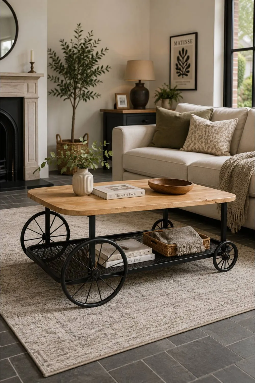 IH Design Launceston Mango Wood Coffee Table with Metal Wheels in Brown