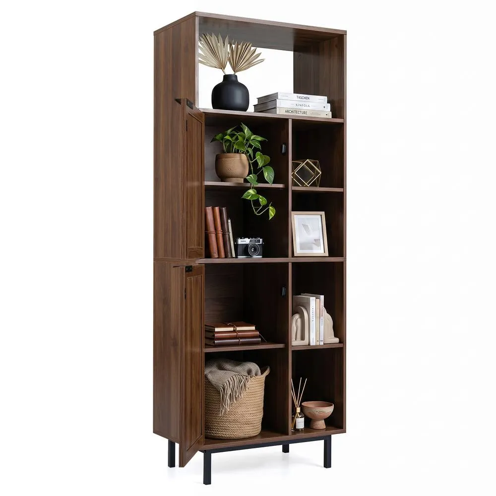 Costway Wooden Floor Cabinet w/Adjustable Shelves 5 Cubes Rattan Bookcase in Brown