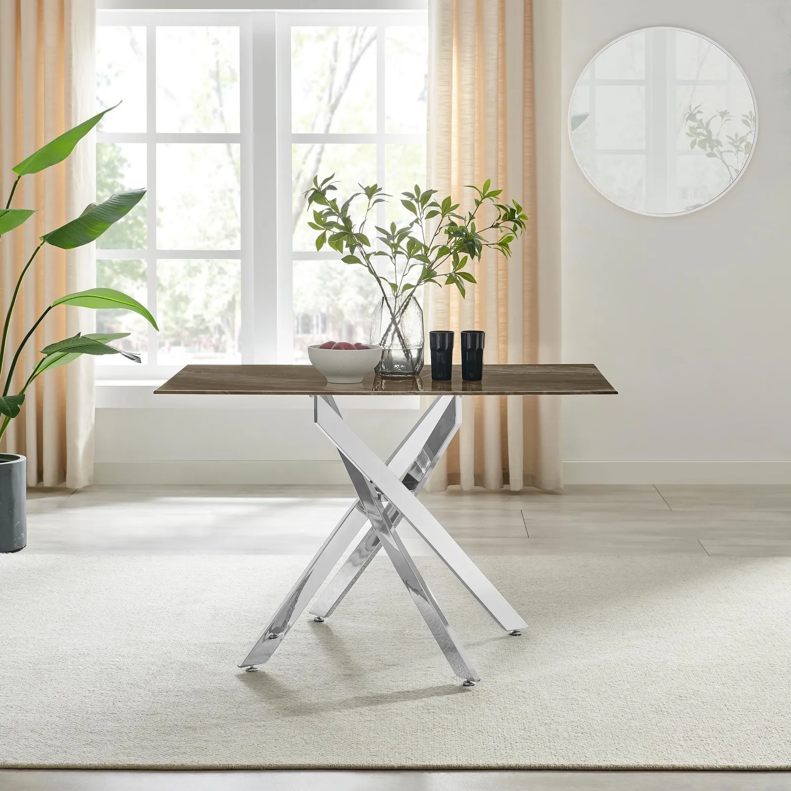 FurnitureboxUK Leonardo 4-Seater Dining Table With Marble Effect Glass Top & Silver Metal Legs in Dark Brown