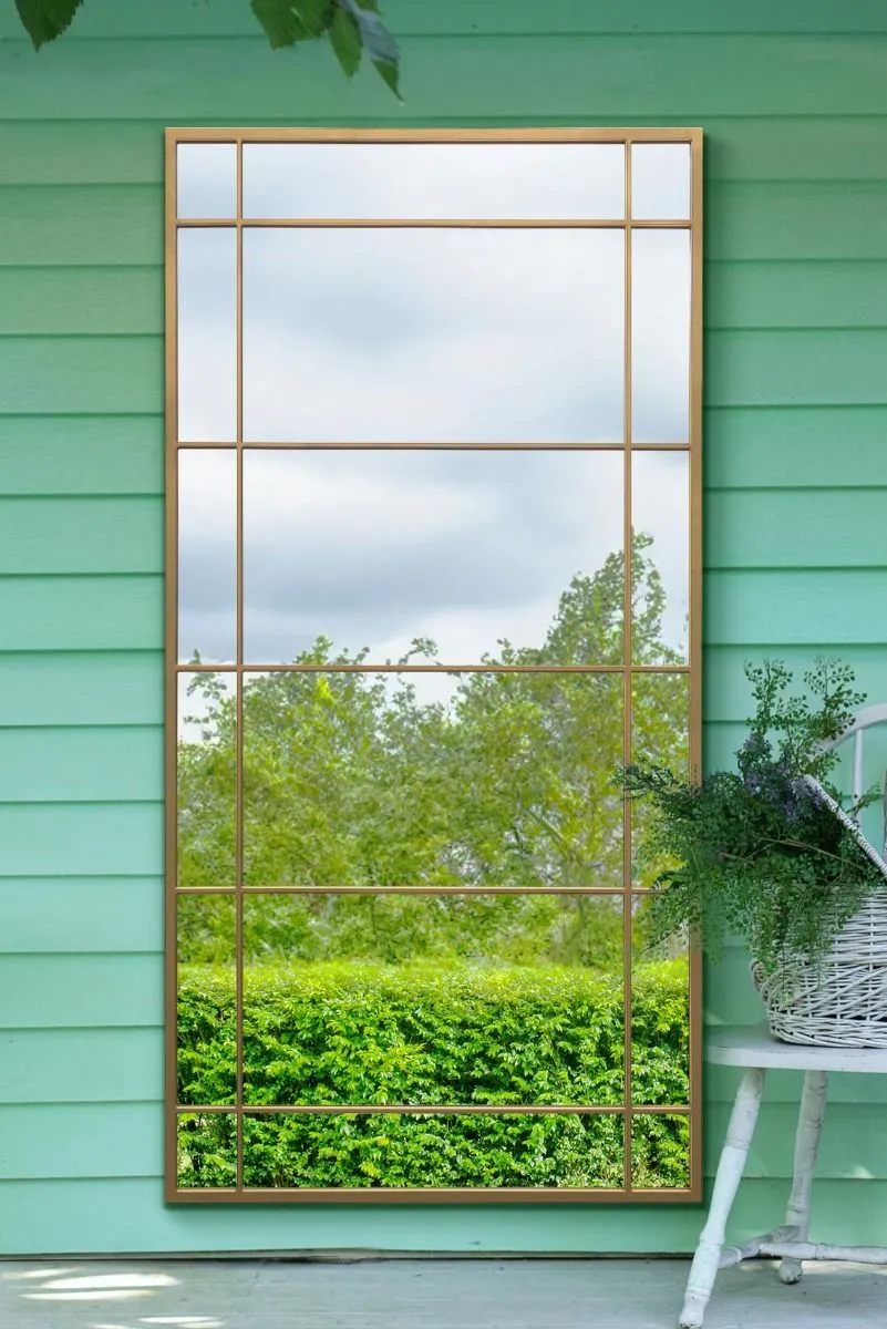 MirrorOutlet Gold Metal Framed Window Wall or Leaner Garden Mirror (180CM X 90CM)
