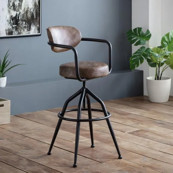 Return - Barbican Adjustable Height Bar Stool, Brown Faux Leather
