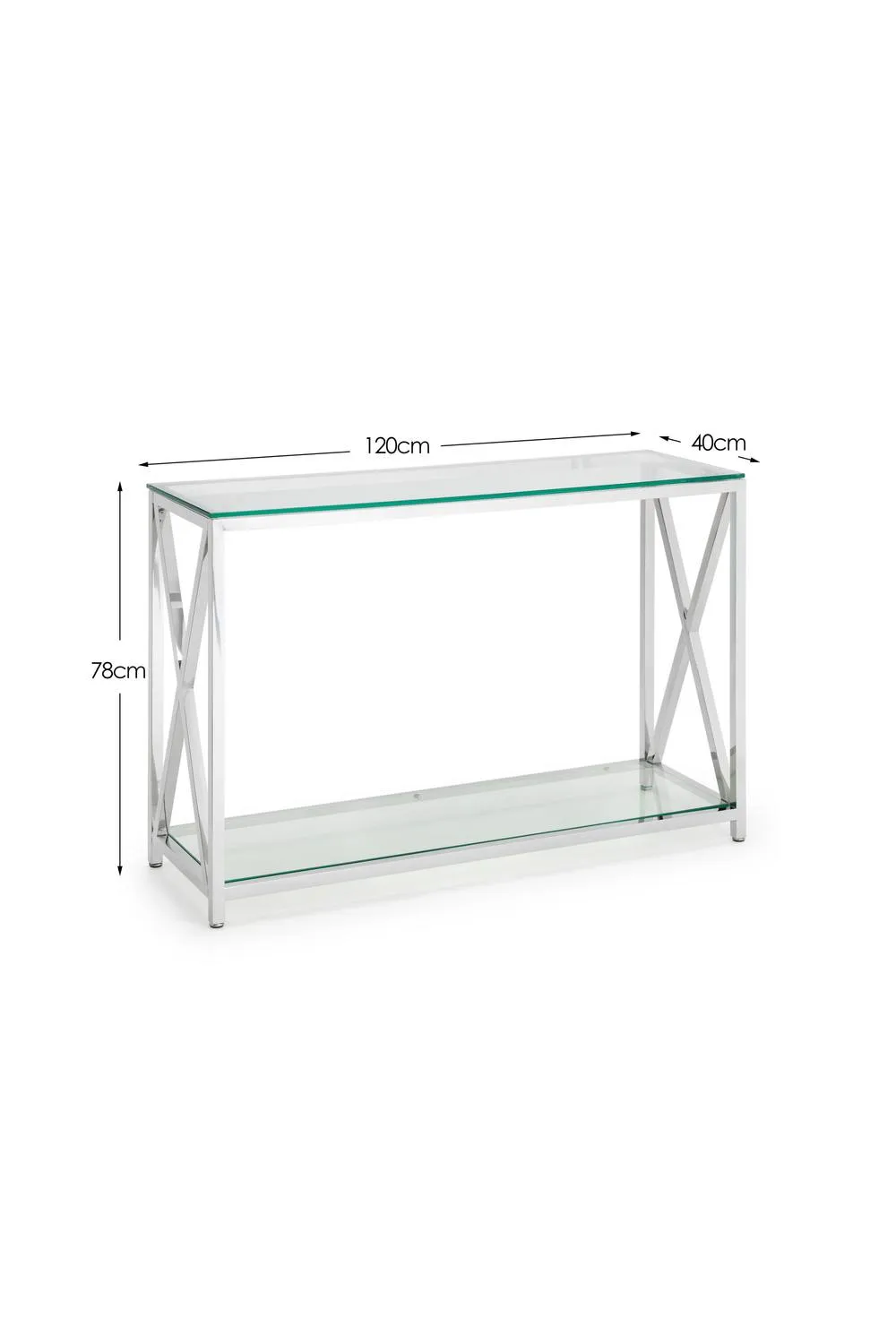 Julian Bowen Miami Glass Top Cross Frame Console Table with Shelf in Silver 5