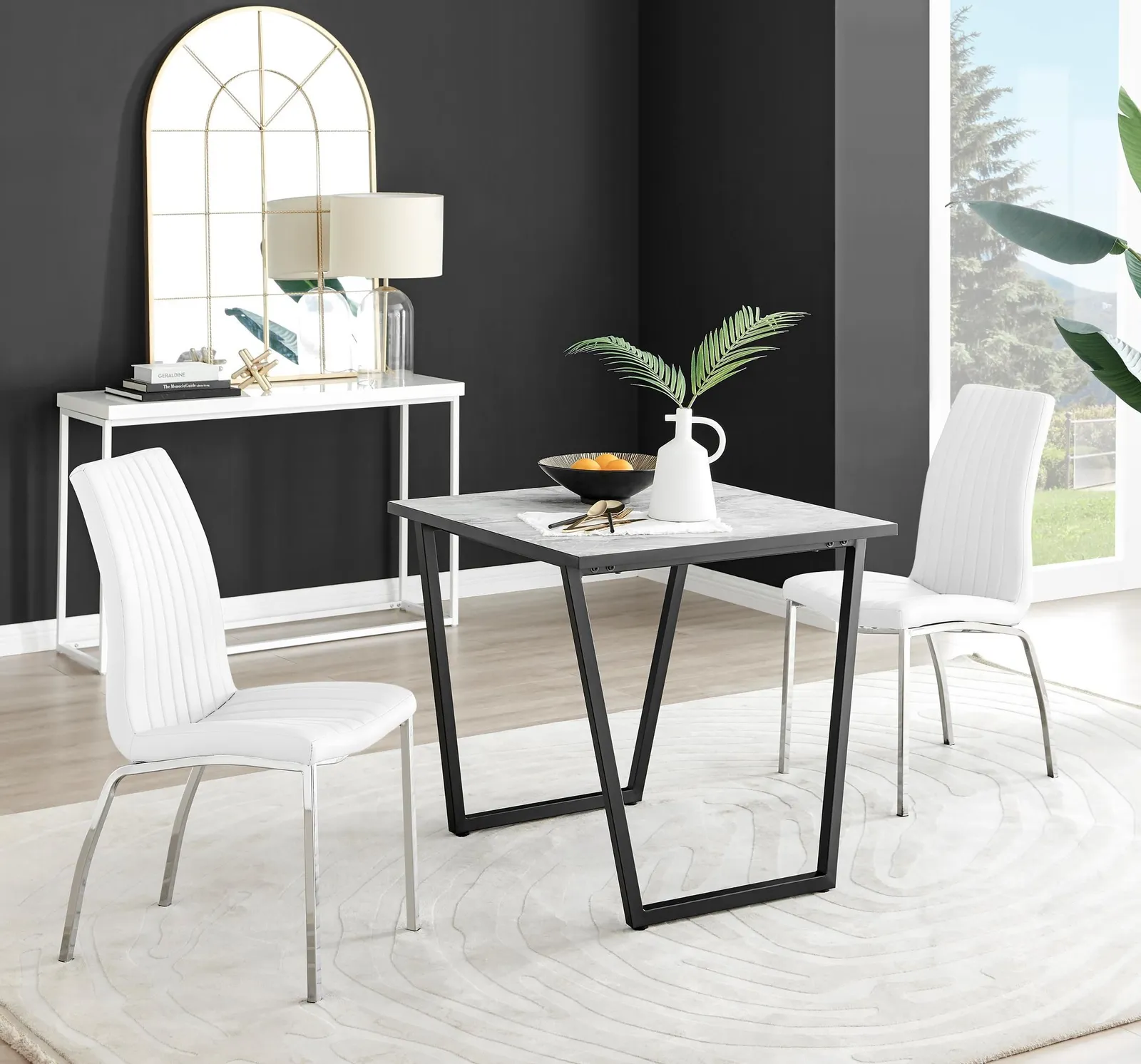FurnitureboxUK Carson White Marble Effect Square Dining Table & 2 Faux Leather Isco Chairs