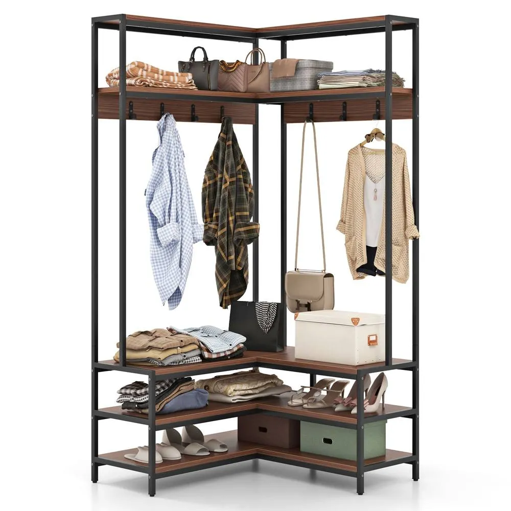 Costway Corner Garment Rack L-shaped Clothes Rack w/ Open Shelves-Walnut in Brown