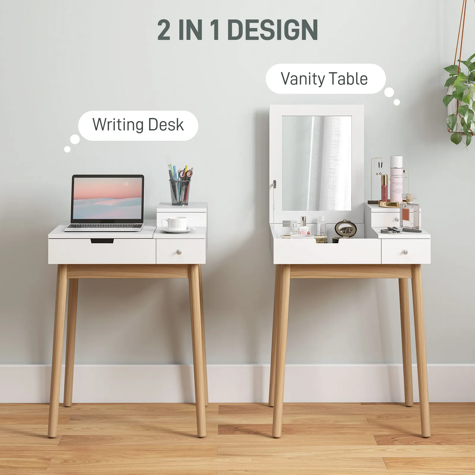 HOMCOM Dressing Table Vanity Desk Flip-up Mirror 2 Drawers in White 4