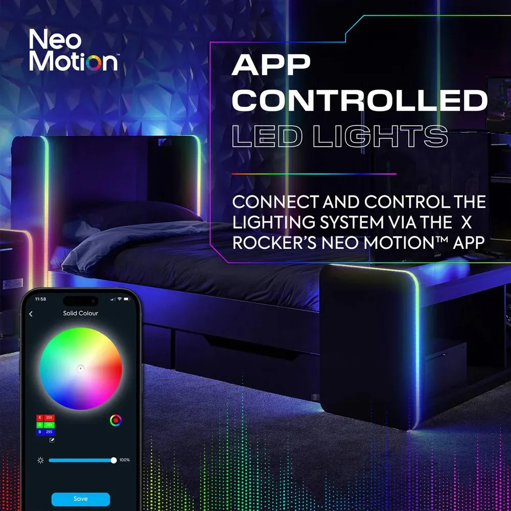 X Rocker Electra Single Bed with Trundle Drawers, Storage & LED Lights in Black 3