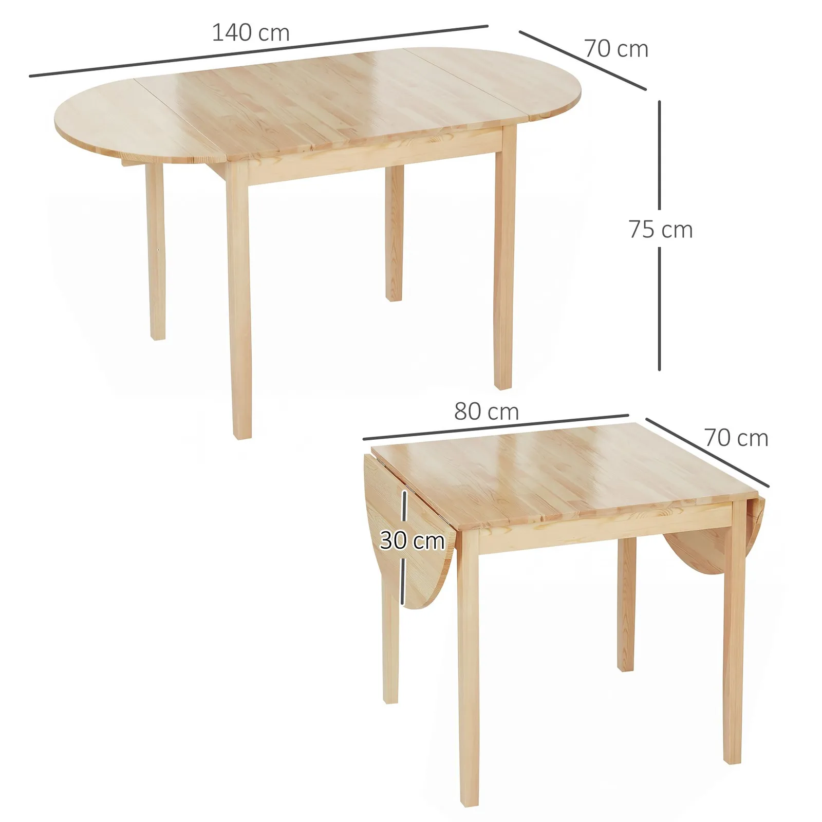 HOMCOM Foldable Dining Table, Solid Wood Drop Leaf Table, Natural 3