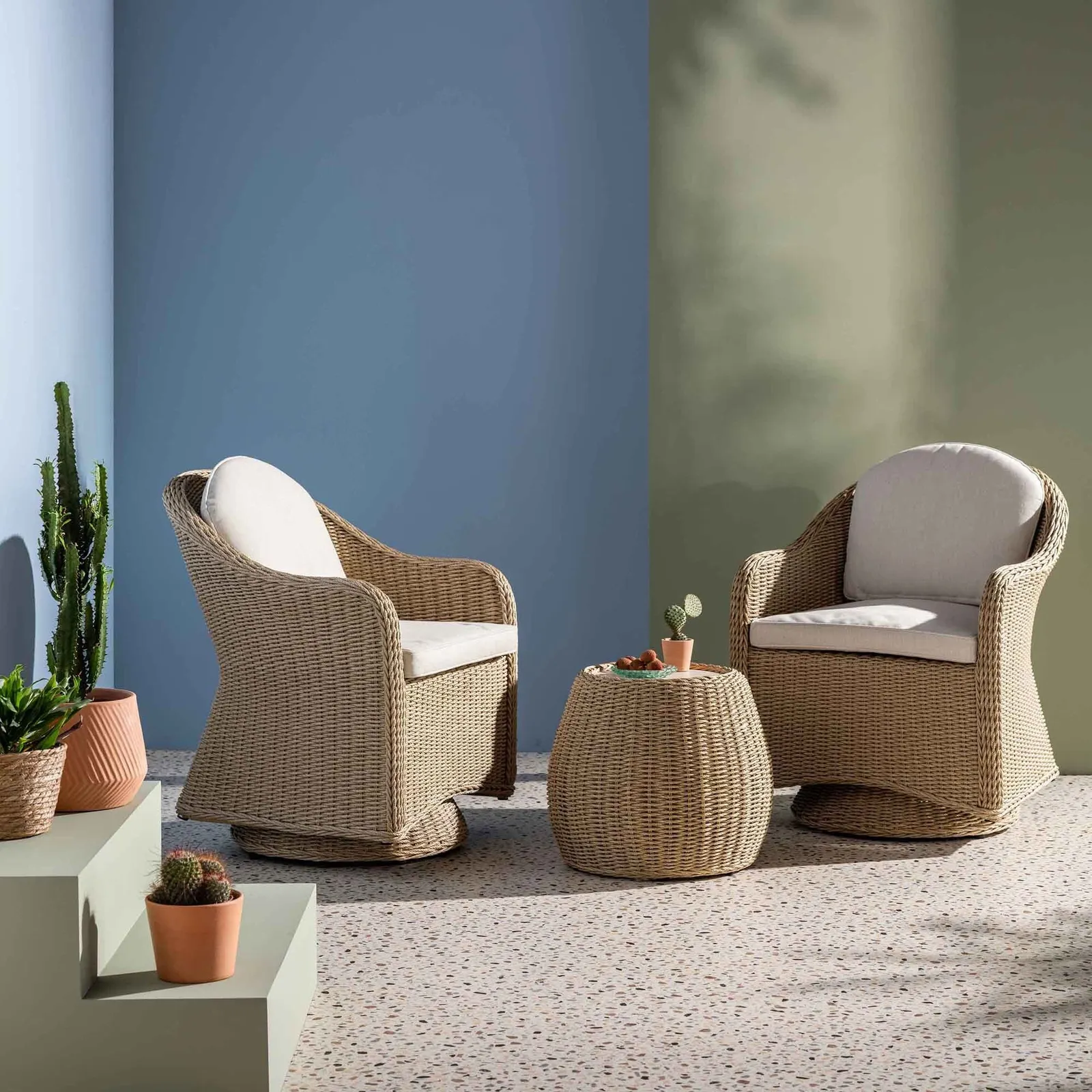 Garda Swivel Chair Duo Bistro Set, Rattan, Neutral | Barker & Stonehouse