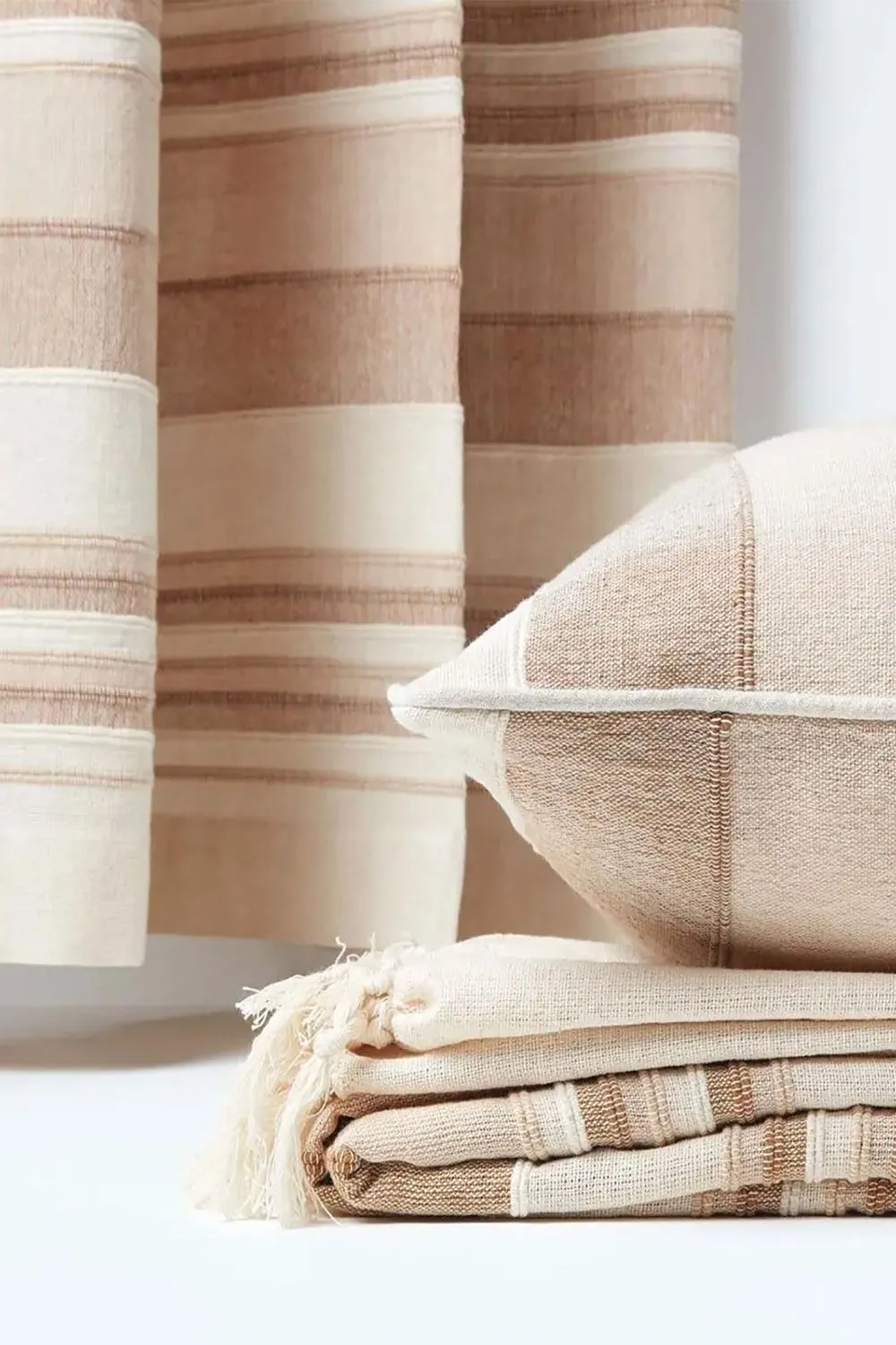 Homescapes Cotton Morocco Striped Curtain Pair in Beige 4