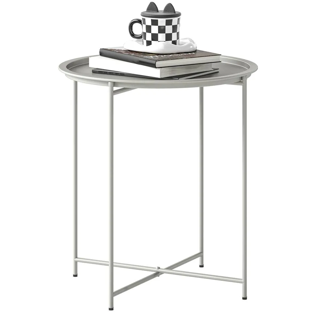 OUTSUNNY 46cm Round Garden Table Side Table with Removable Tray, White in Light Grey 2