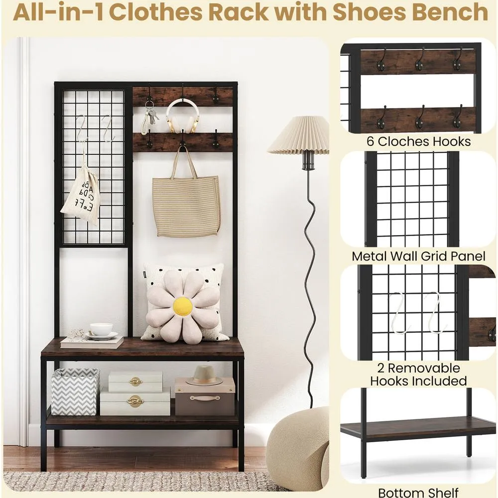 Costway Industrial Coat Rack with Shoe Bench & Wall Grid Panel-Brown in Brown 2