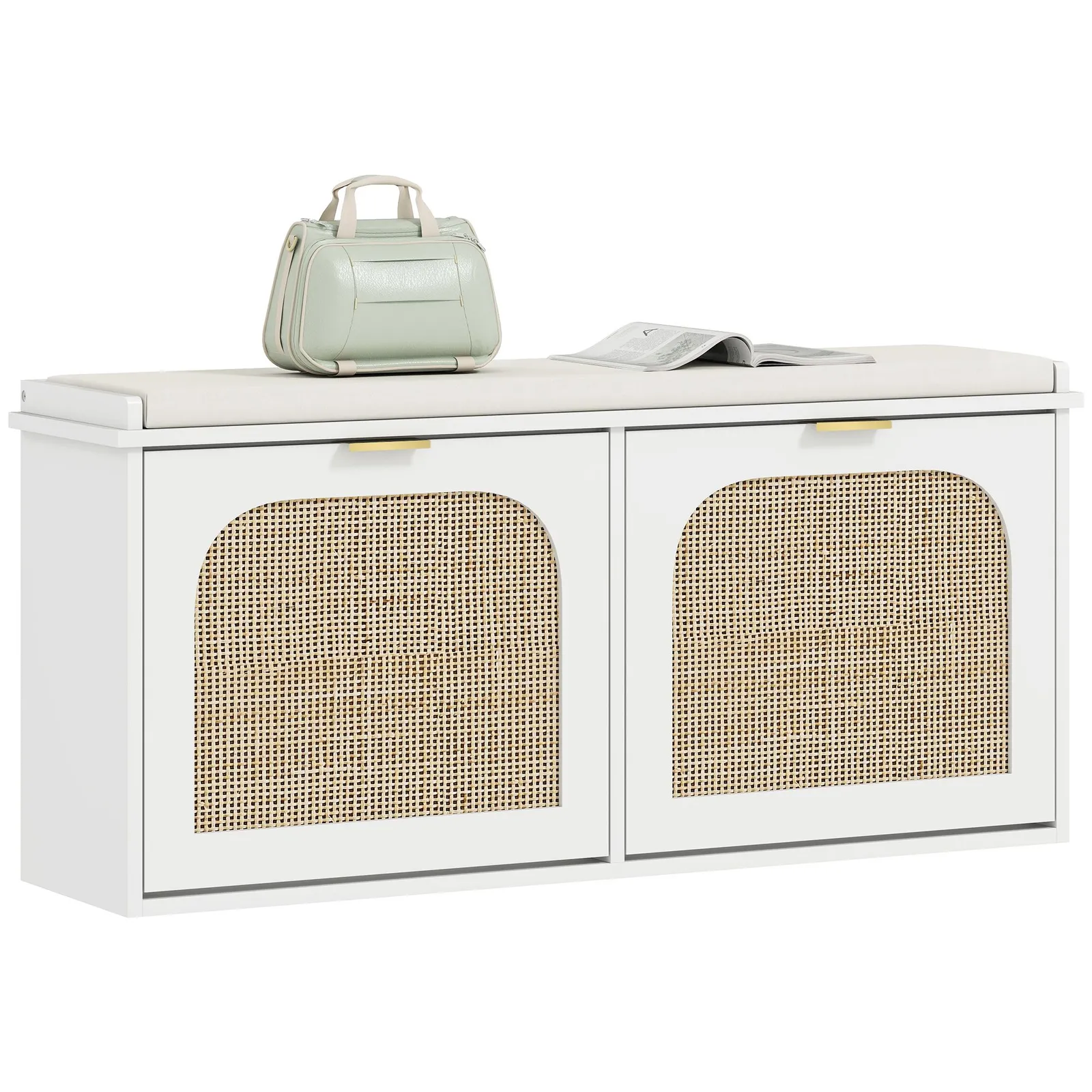 HOMCOM Boho Shoe Bench with Padded Seat & 2 Flip-Drawers in White 2