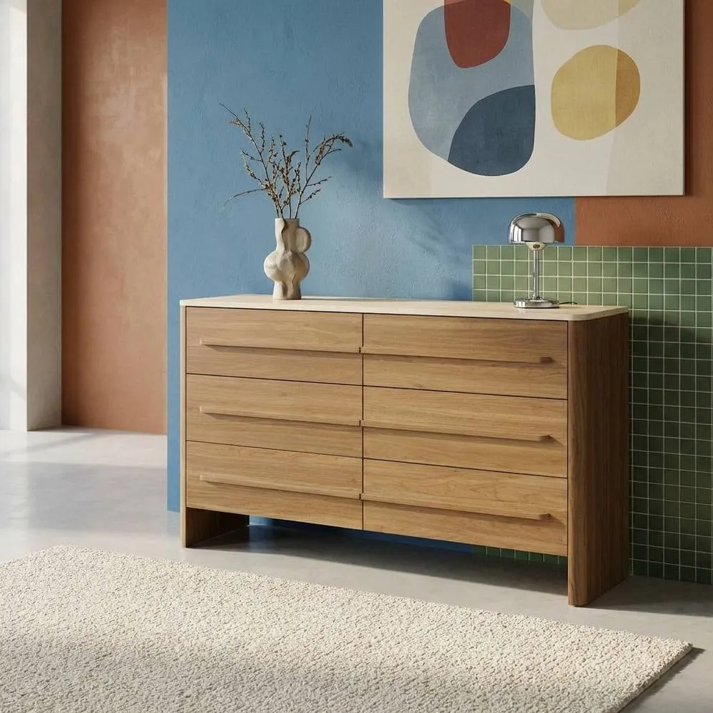 sweeek Chest of 6 drawers with travertine effect top & wood decor in Dark Brown