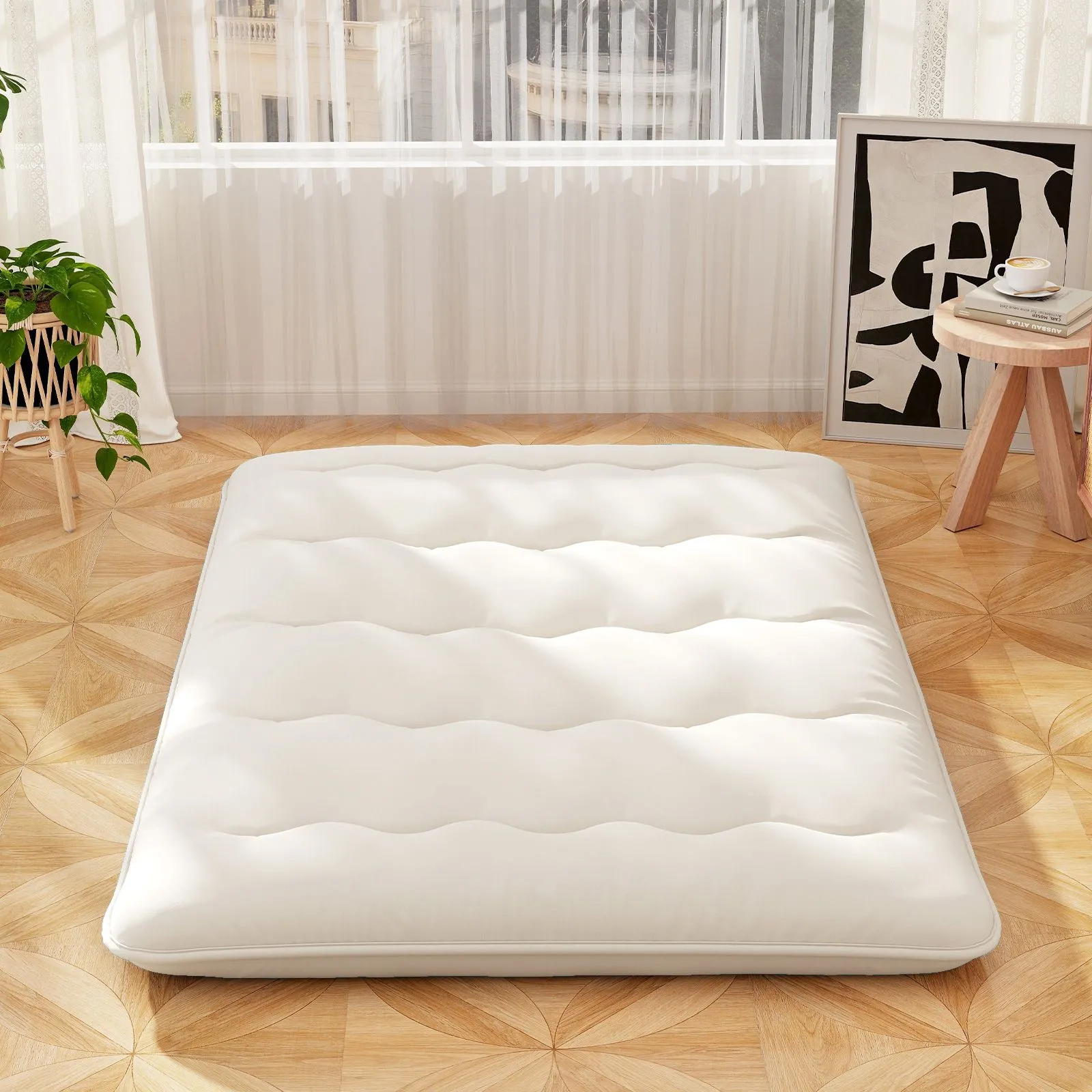 Costway Foldable Tatami Mat Floor Futon Mattress Roll up Sleeping Pad with Washable Cover, Small Double/Double/King Size in Beige