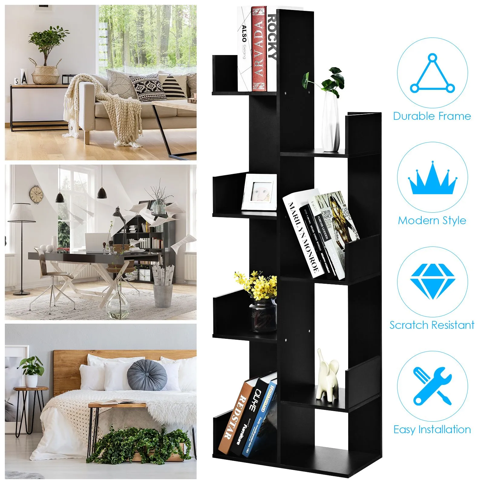 Costway 8 Tier Bookshelf Storage Display Floor Standing Bookcase Shelving Organizer Home in Black 6