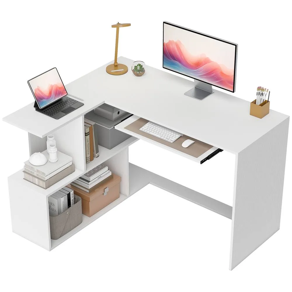 HOMCOM L-Shaped Corner Desk with Keyboard Tray & Open Shelves, White 2