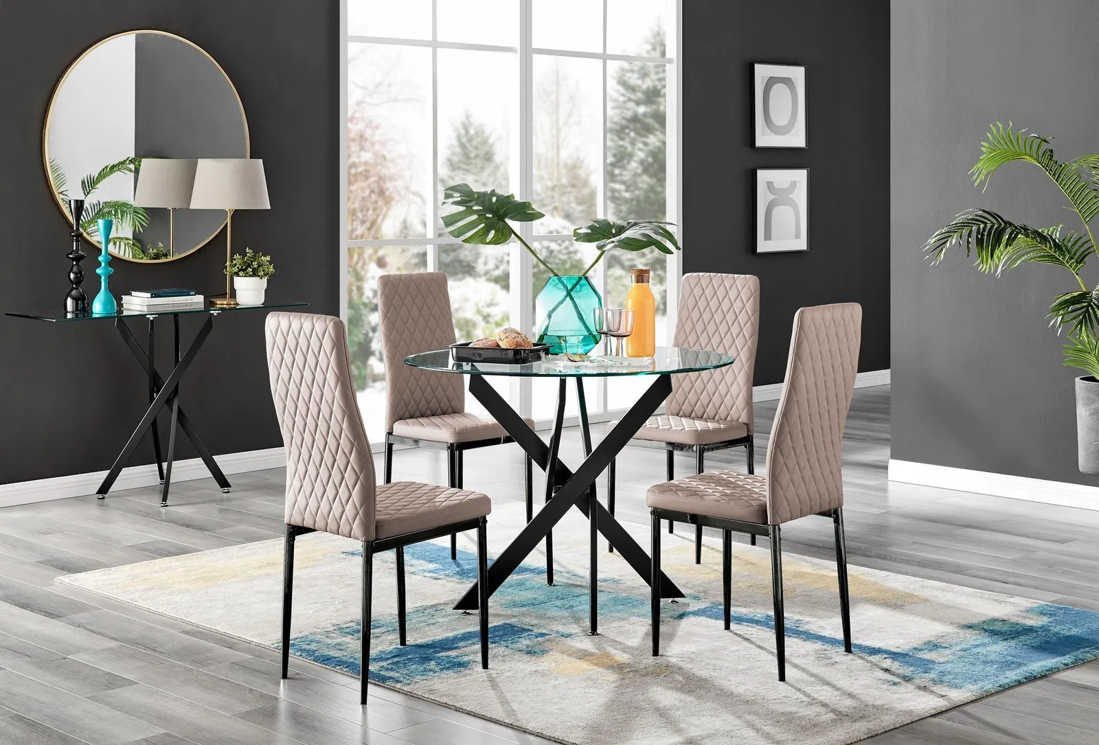 FurnitureboxUK Novara 4 Seater Black Leg Round Glass Dining Table & 4 Milan Faux Leather Black Leg Chairs in Beige 1