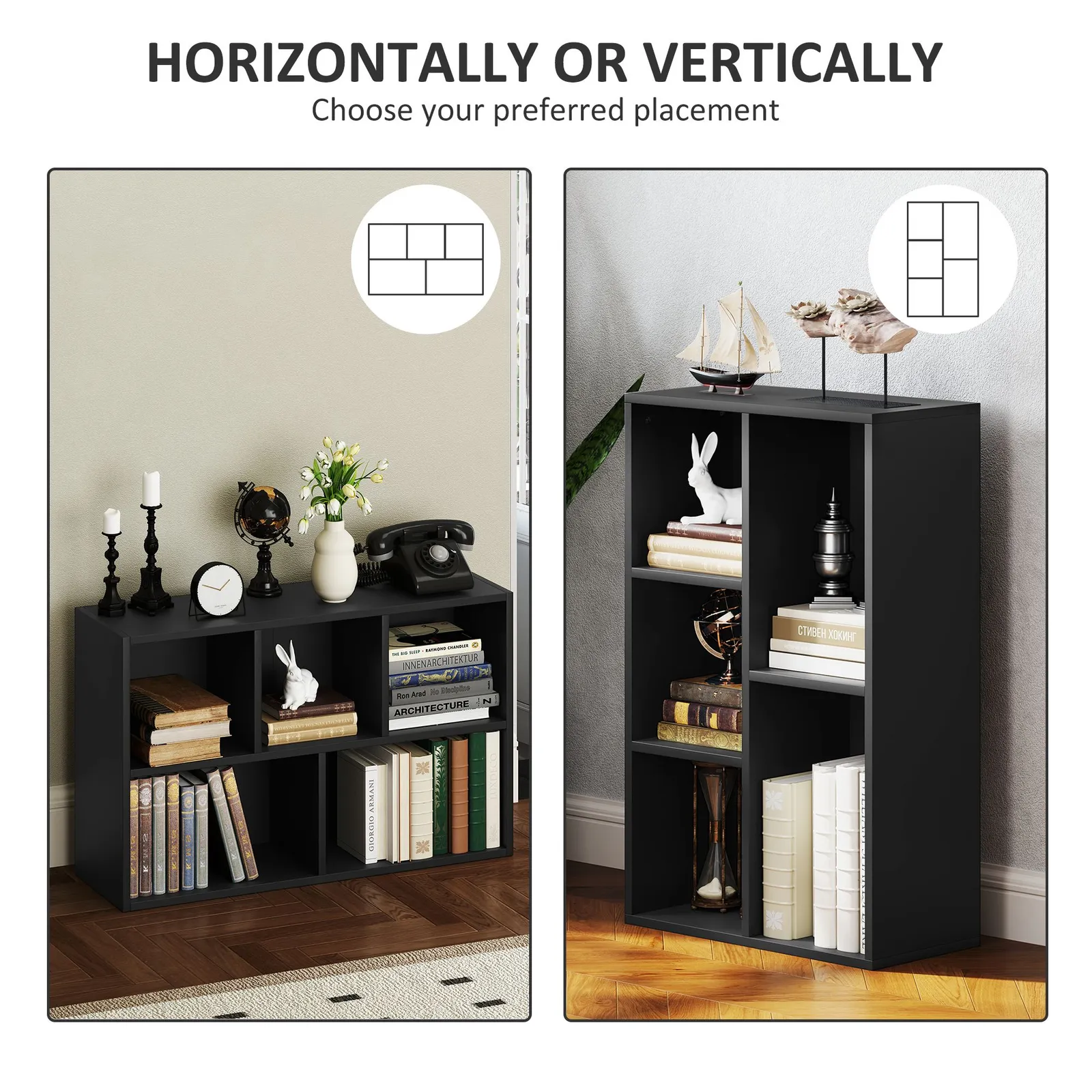 HOMCOM 2-Tier Bookshelf with 5 Open Storage Compartments in Black 6