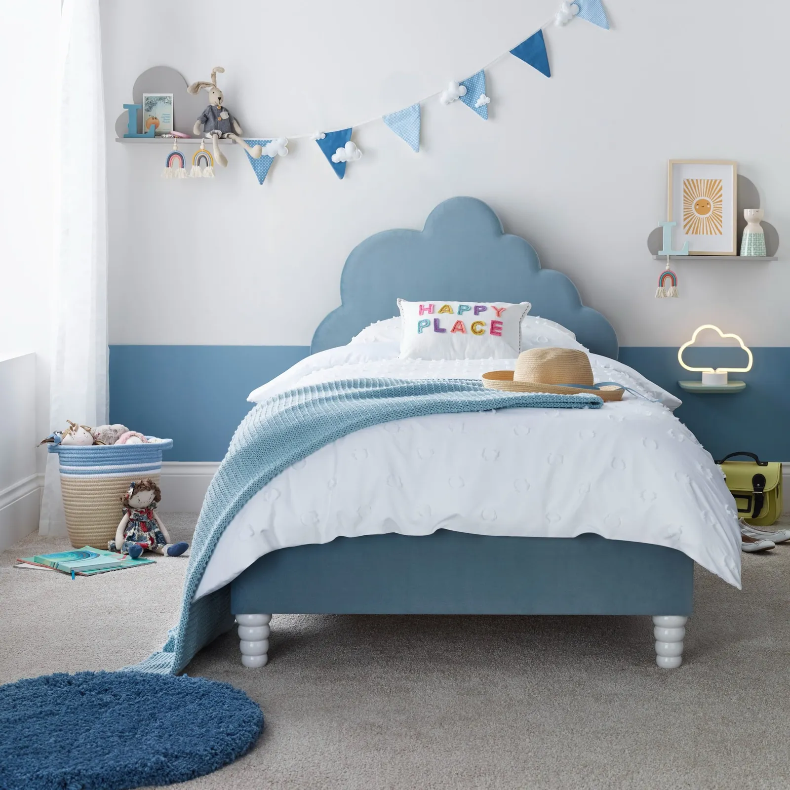 Cloud - Kids’ Bed - Blue - Velvet - 3ft - Happy Beds