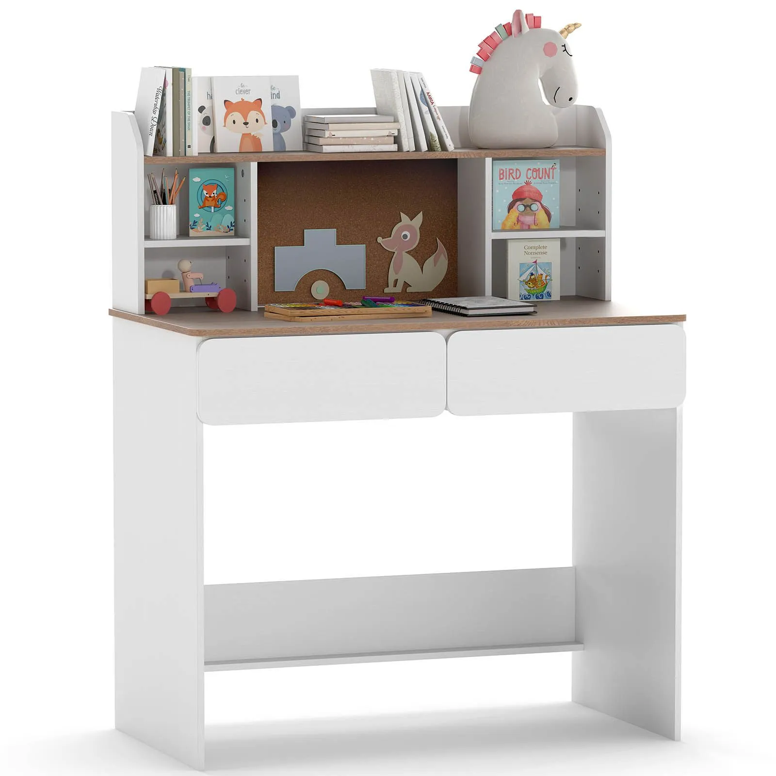 Costway Study Desk Student Writing Table w/ Cork Bulletin Board in White