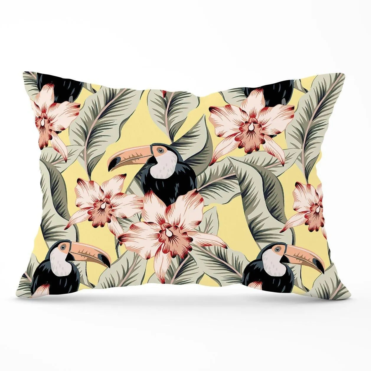 Warren Reed - Designer Toucans, Orchids & Palm Leaves Cushions in Yellow