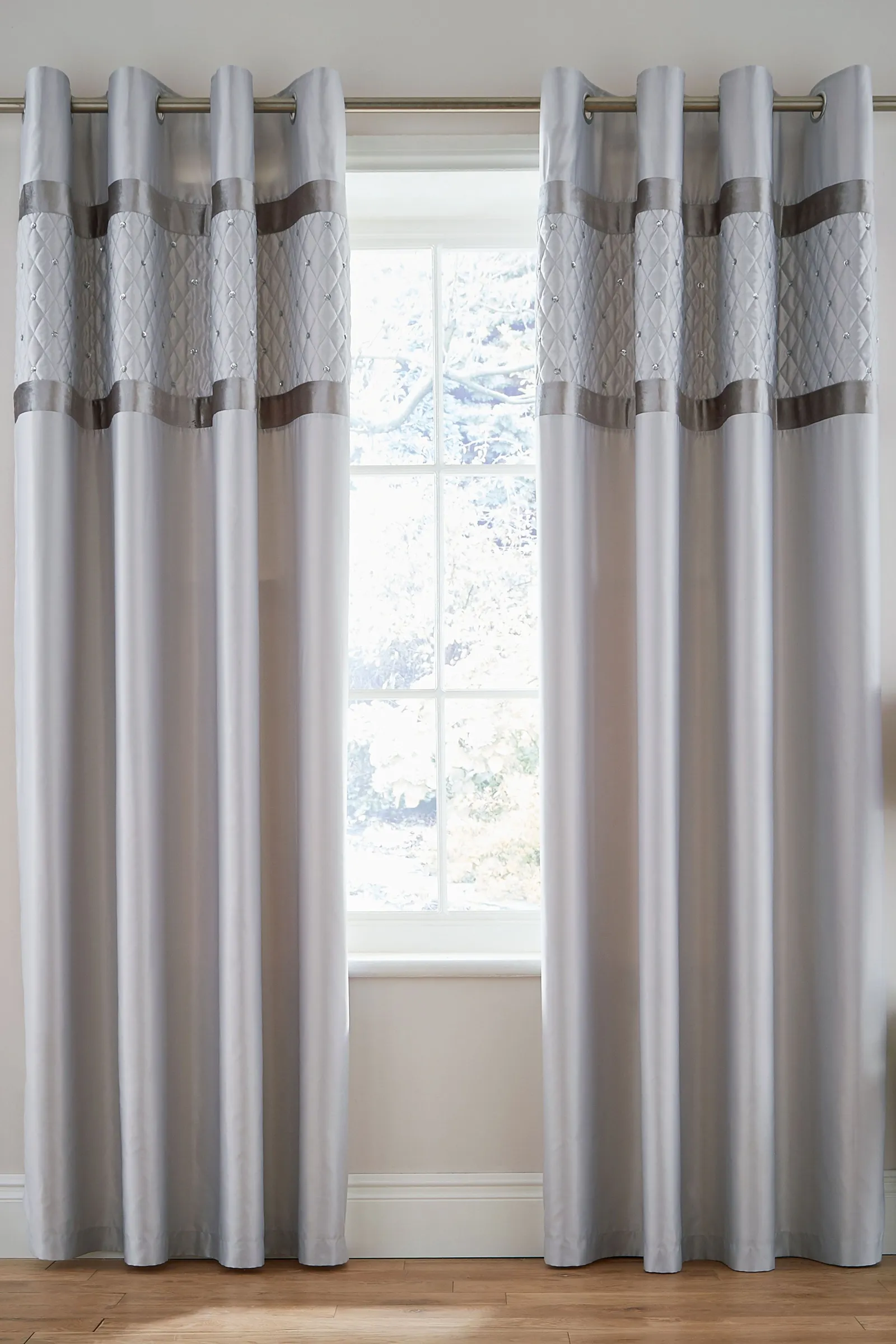 Catherine Lansfield 'Sequin Cluster' Lined Eyelet Curtains in Grey