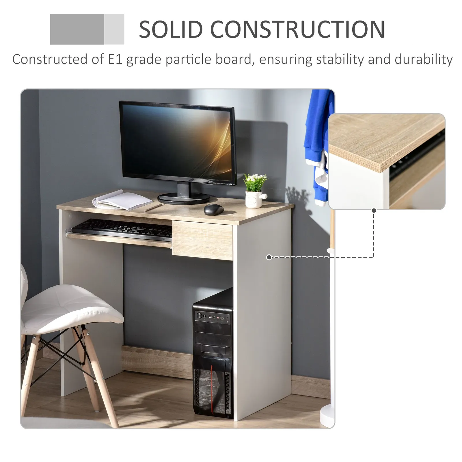 HOMCOM Compact Computer Table w/ Keyboard Tray Drawer Study Office Work in Light Oak 5
