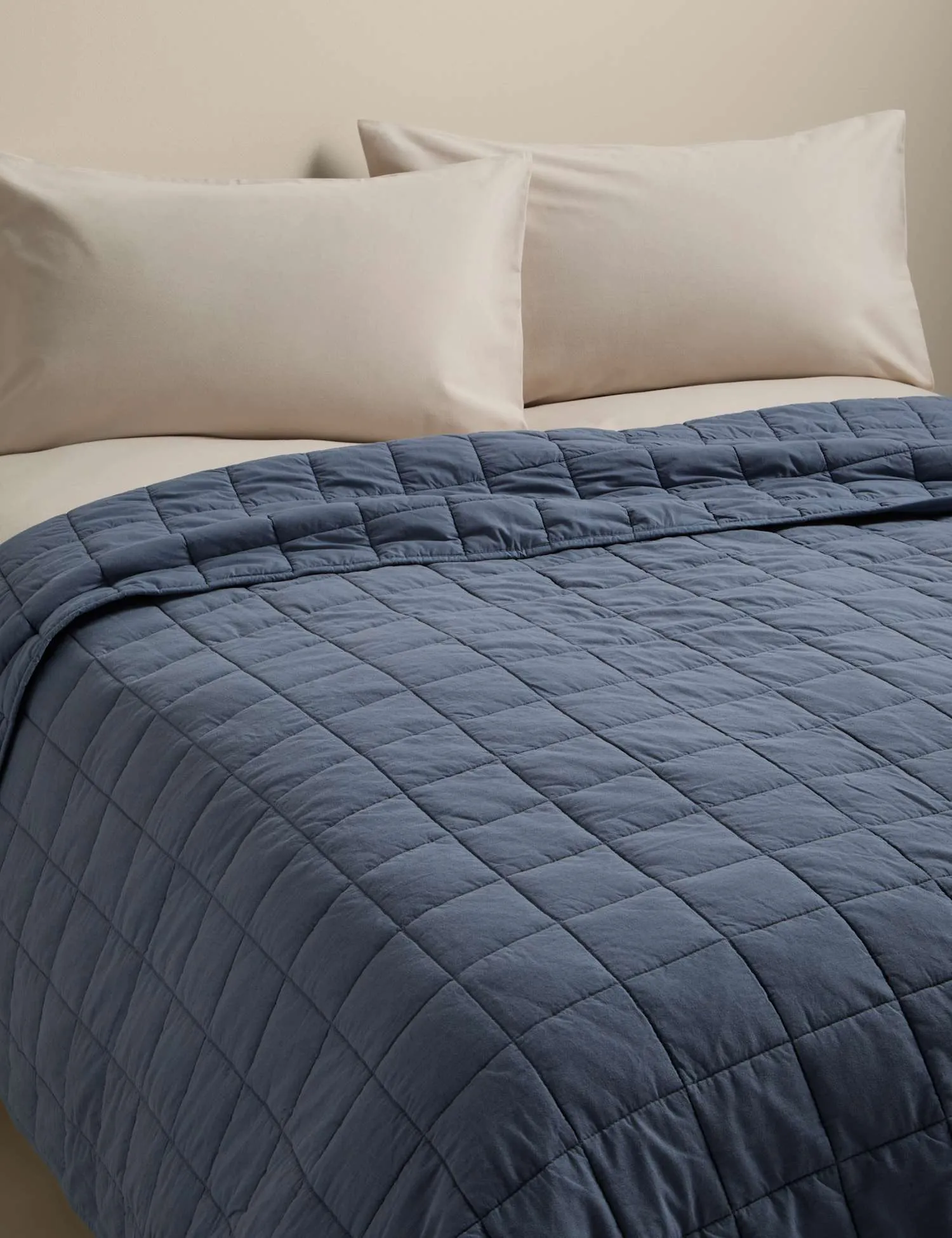 M&S Cotton Rich Quilted Bedspread with Linen Slate Blue
