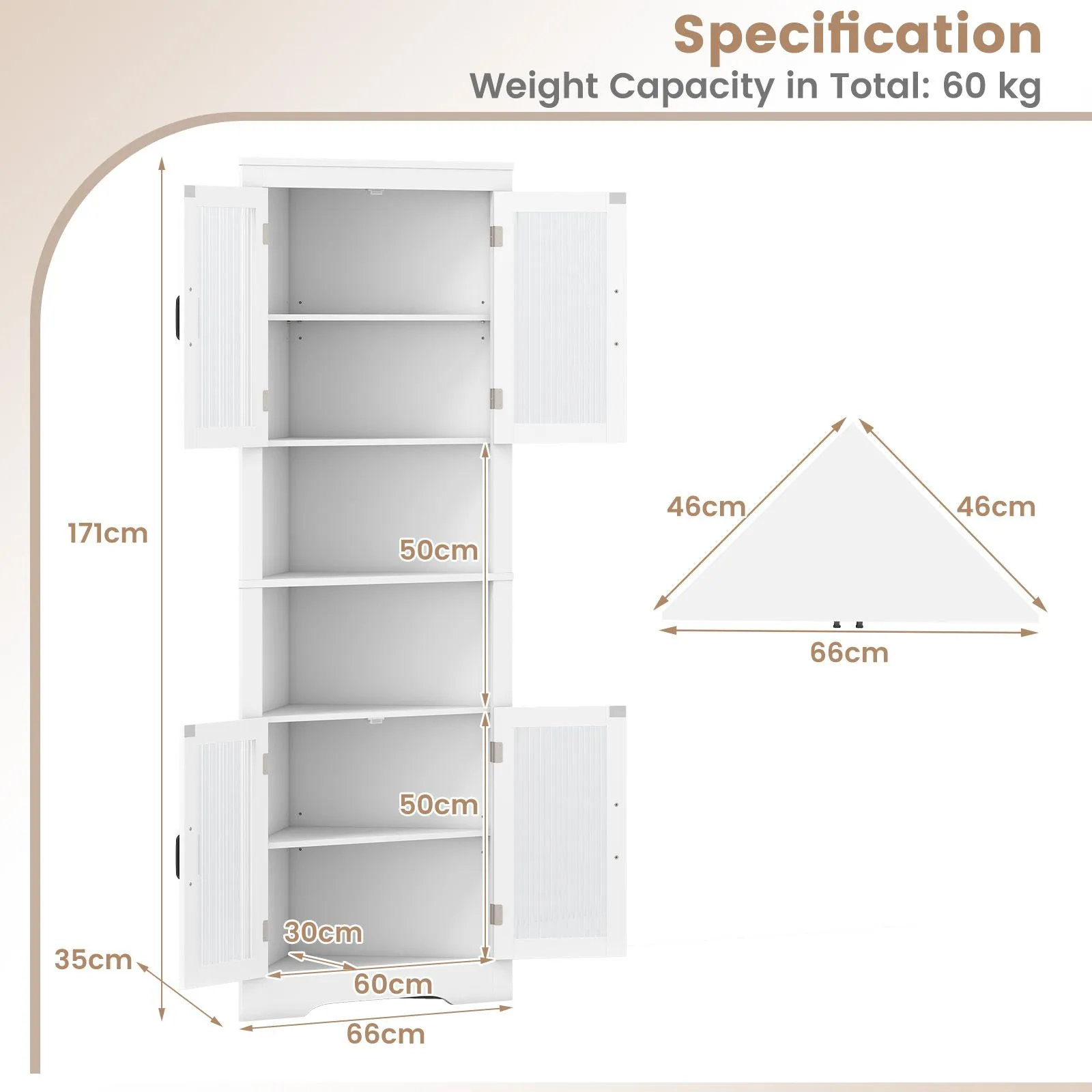 Costway Wooden 171cm Tall Corner Cabinet Corner Triangular Buffet Cabinet in White 2