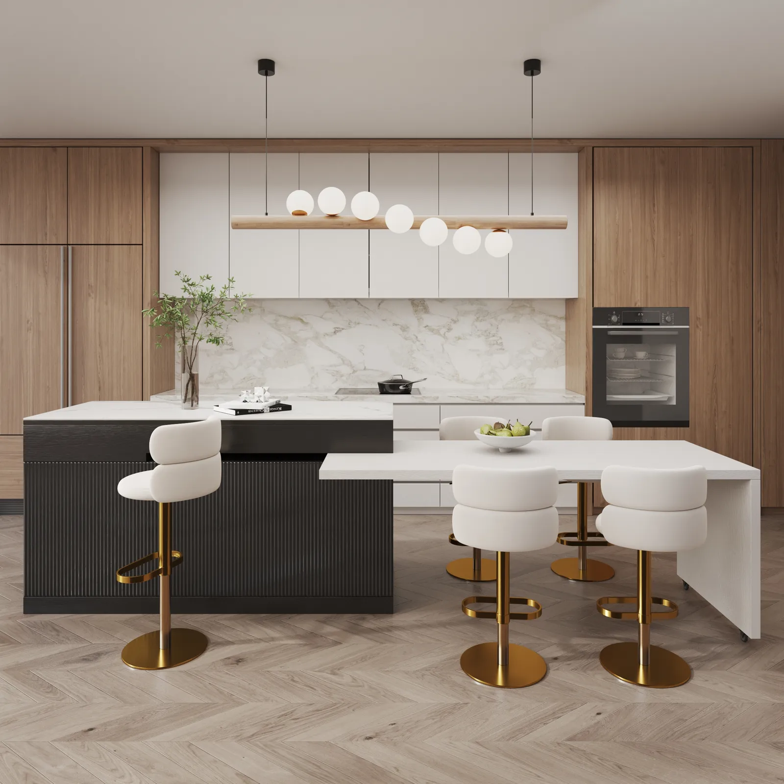 205 - 270 cm Kitchen lsland Extendable Marble Veneered Top Black & White  Modern with Doors & Drawers