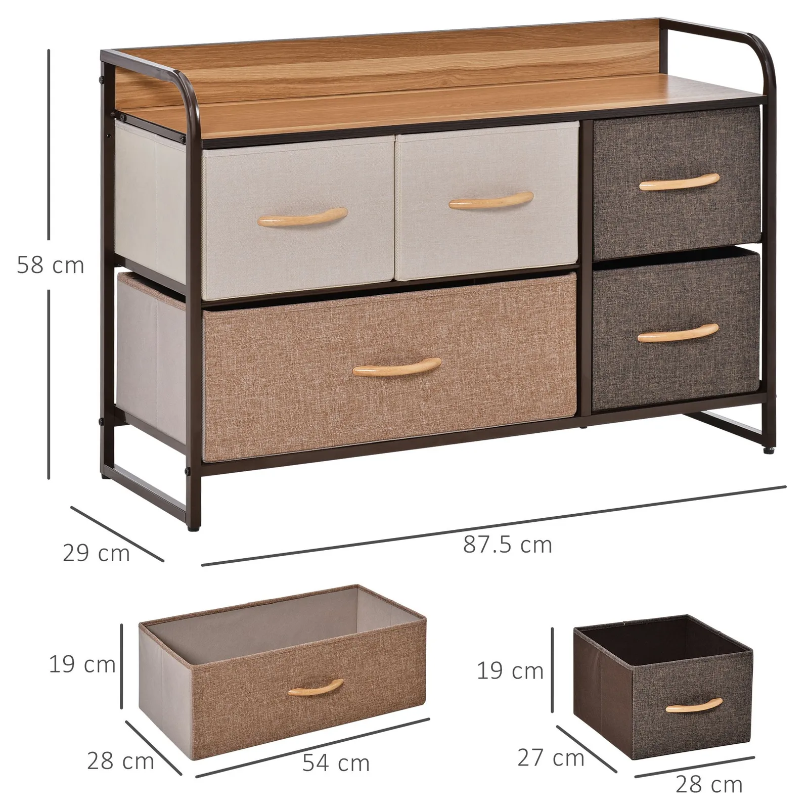HOMCOM Drawers Storage Tower Dresser with Wood Top Steel Frame Storage in Brown 3
