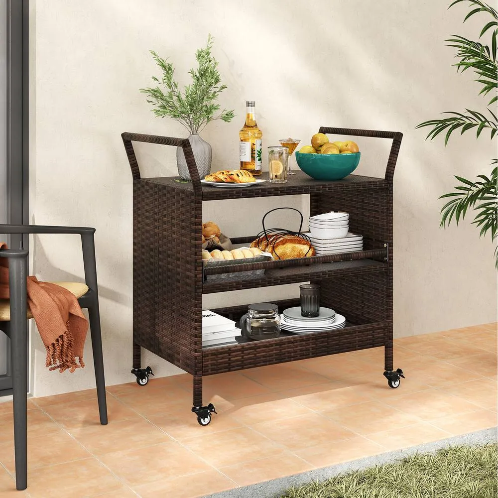 Costway Outdoor Bar Cart 3-Tier Patio Rattan Storage Shelf-Brown in Brown 5