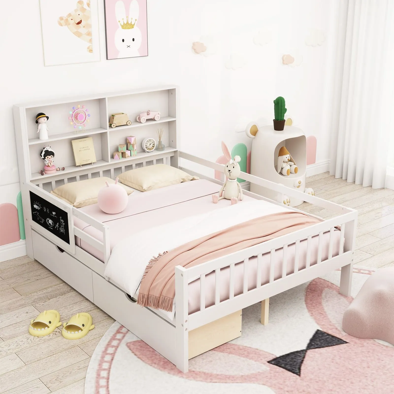 Costway Double Size Bed Frame Solid Wood Platform Bed w/2 Storage Drawers in White 5