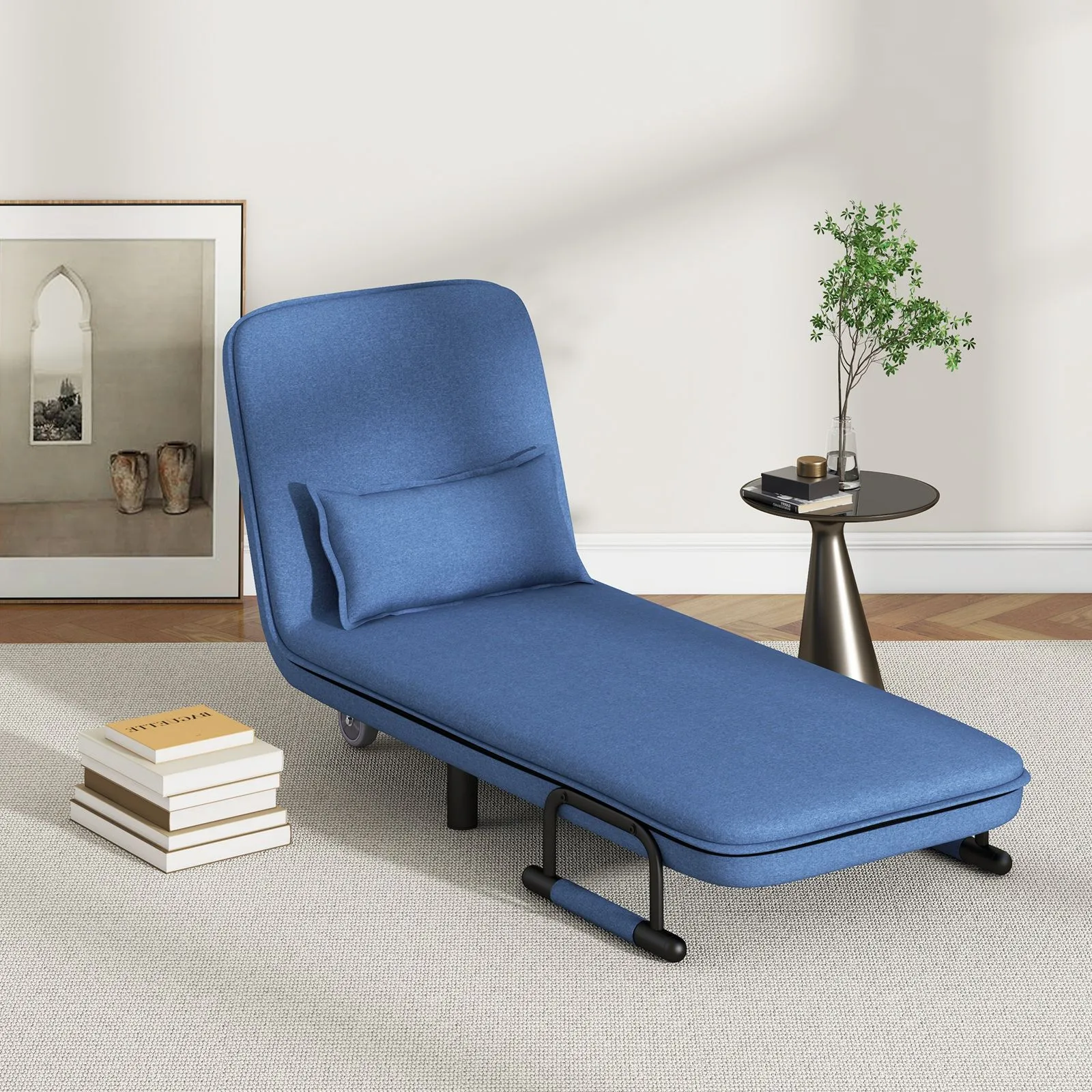 Costway Single Folding Sofa Bed Chair Modern Fabric Sleep Function Holder With Pillow in Blue