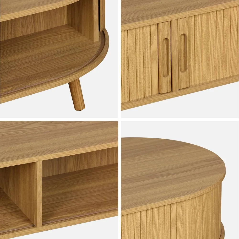 sweeek Coffee Table With Sliding Doors & Grooved Wooden-effect Compartments in Light Brown 3