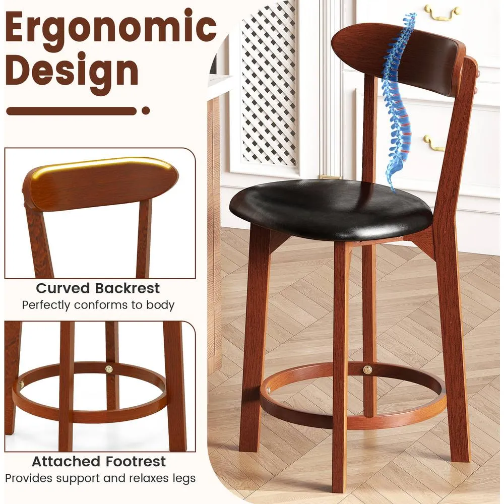 Costway Bar Stool Set of 2 60cm Barstools w/ Curved Backrest-Walnut in Brown 5