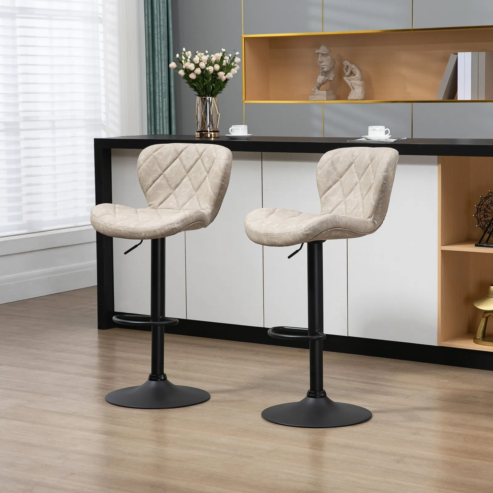 HOMCOM Bar Stools Set of 2 Swivel Barstool W/ Footrest Gas Lift for Kitchen in Khaki 2