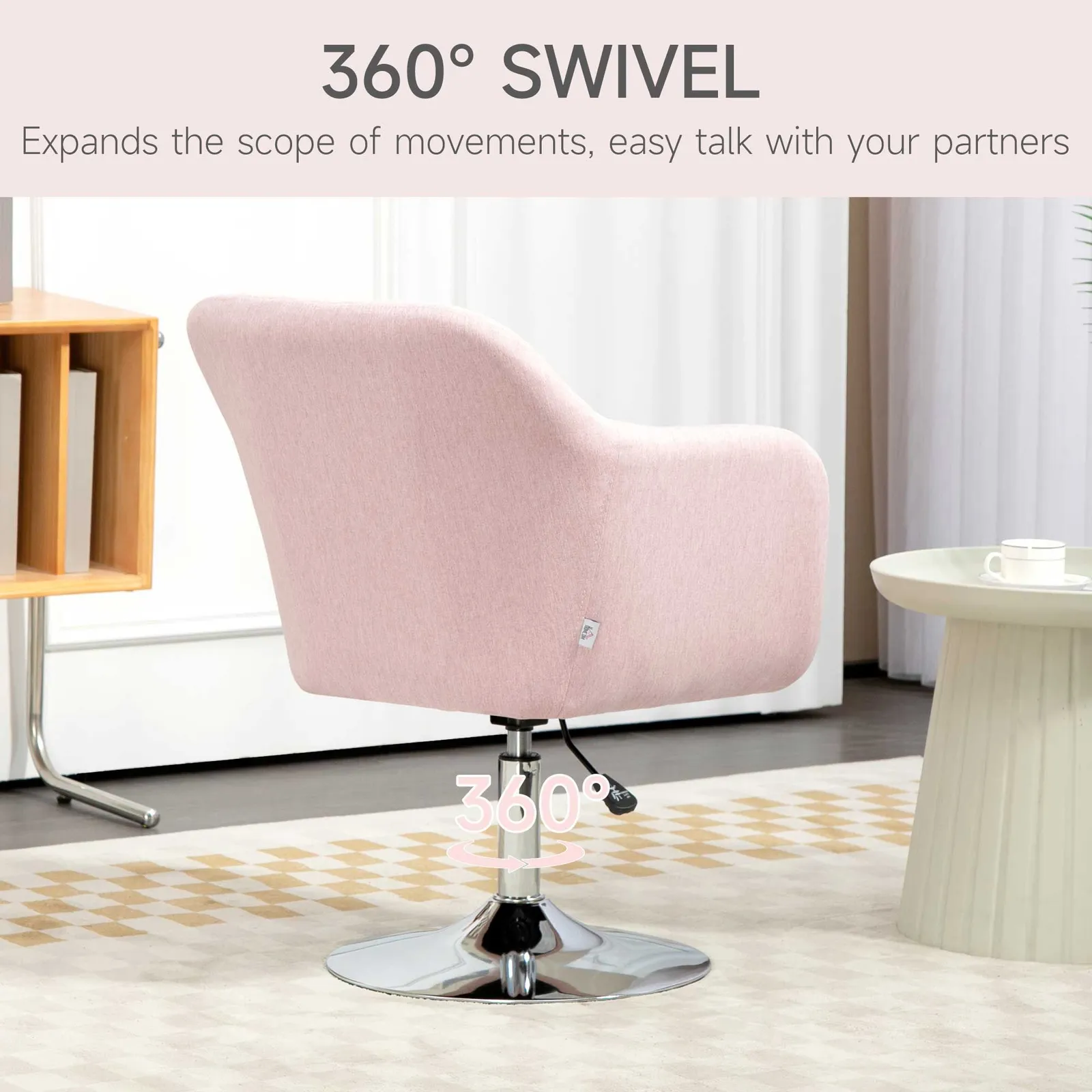 HOMCOM Stylish Retro Linen Swivel Tub Chair Steel Frame Cushion Seat Pink 6