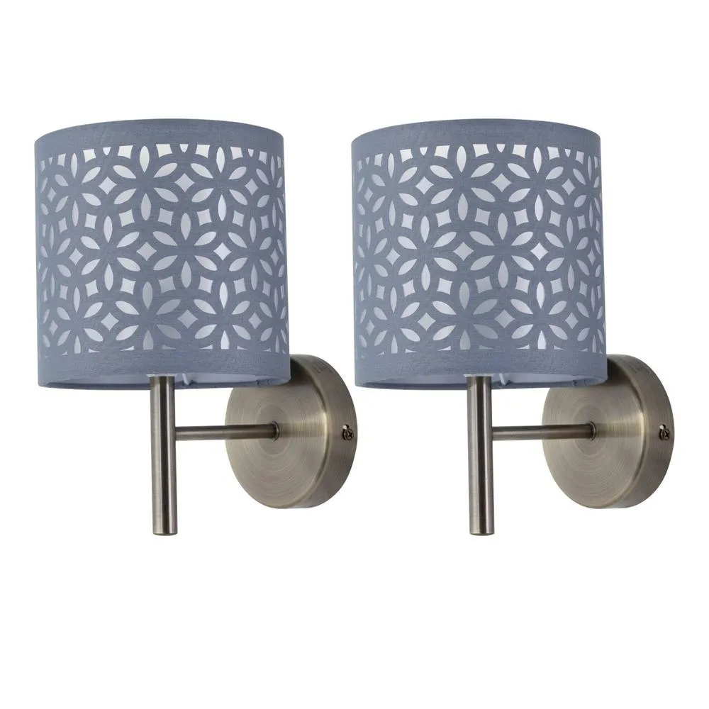 First Choice Lighting Set of 2 Brea - Antique Brass Wall Lights with Grey Cut Out Shade in Gold