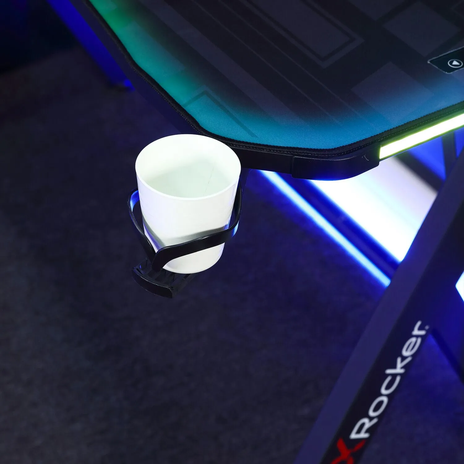 X Rocker Lumio LED Gaming Desk, Mousepad, Cupholder & Headphone Hook in Black 4