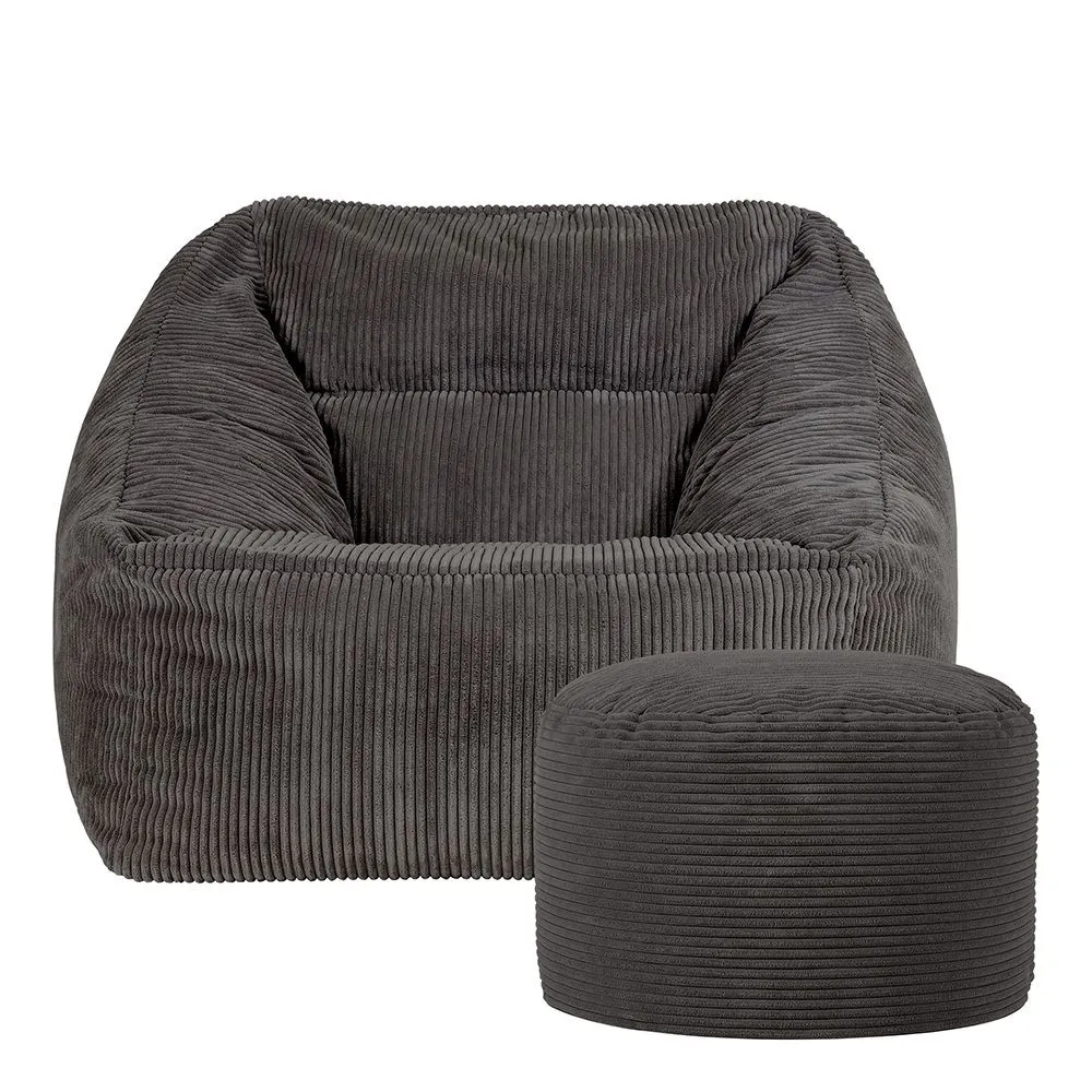 icon Corduroy Bean Bag Armchair & Round Beanbag Footstool in Charcoal