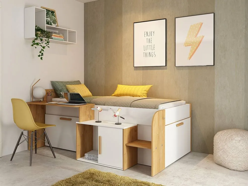 Vente-unique Combination Bed 90 X 200 Cm With Desk & Storage - Colours: White and in Light Oak 3