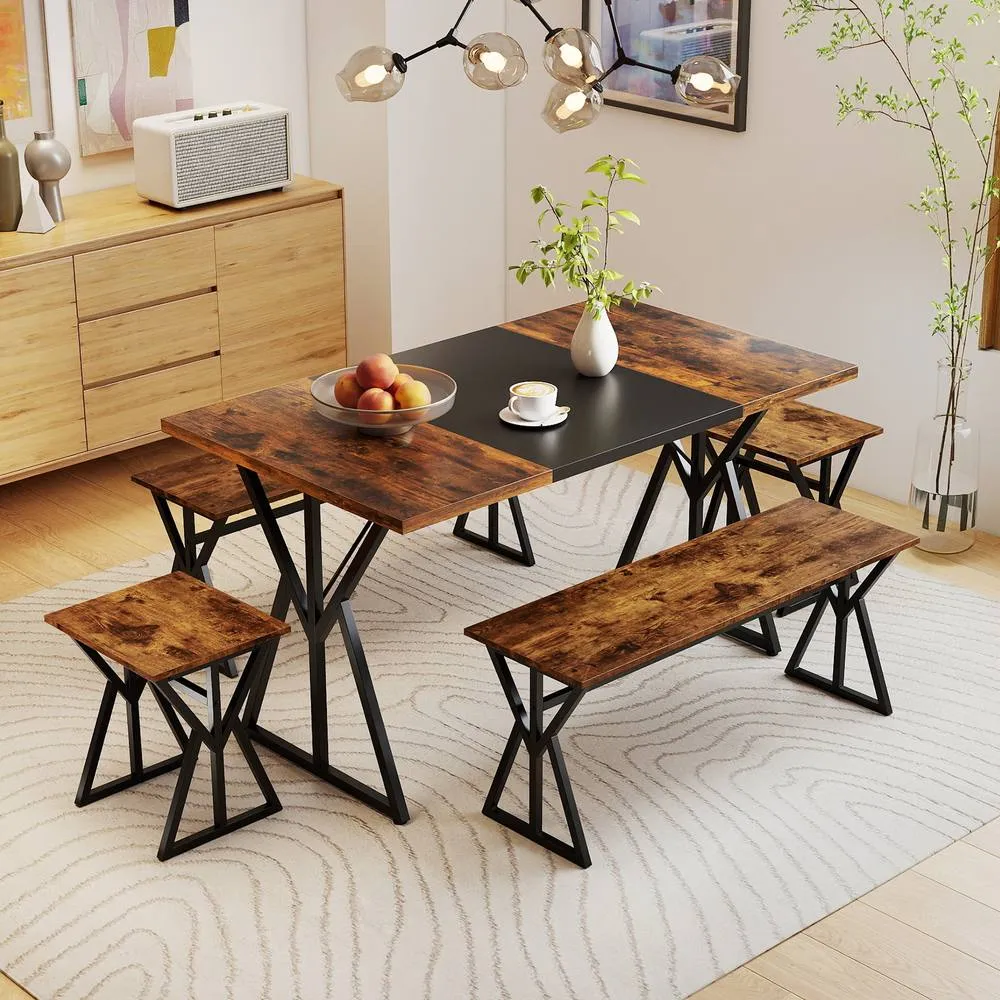 Costway 5PCS Dining Room Set Industrial Kitchen Table w/2 Benches & 2 Stools in Brown 3