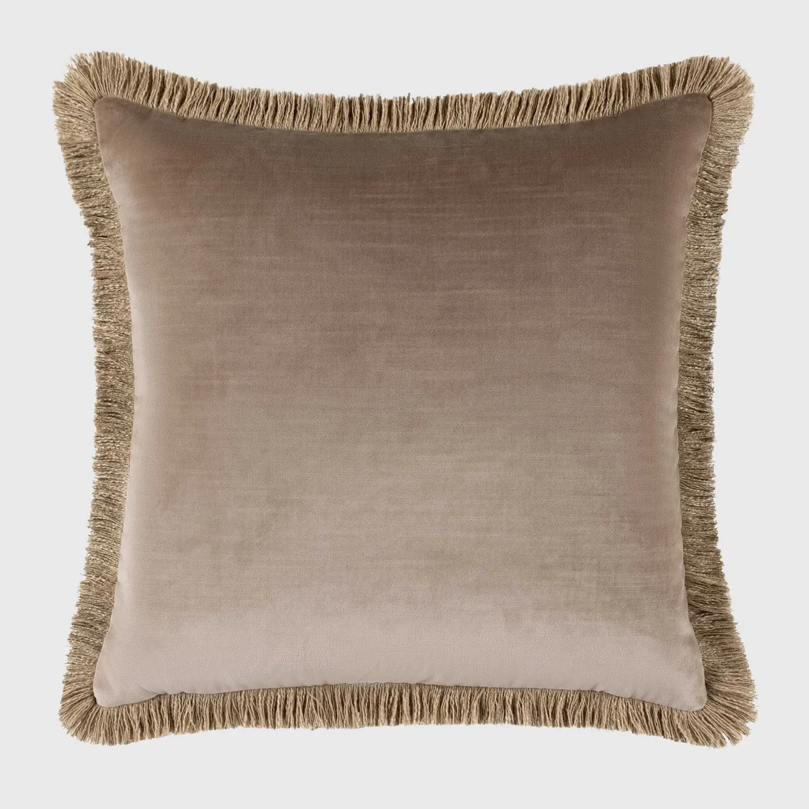 Fringed Velvet Taupe Cushion, Square Polyester | Barker & Stonehouse