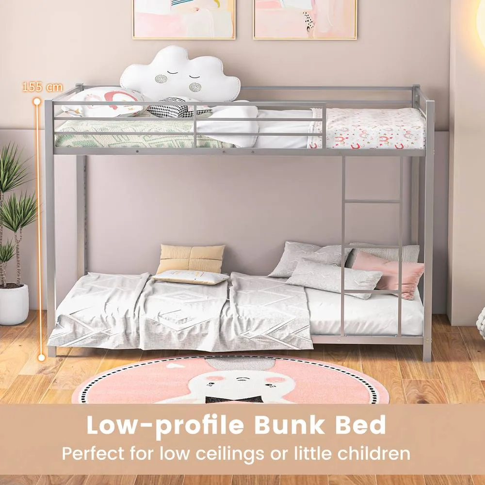 Costway Single Metal Bunk Bed Floor Bed Frame w/Ladder &Full-length Guardrails in Silver 5
