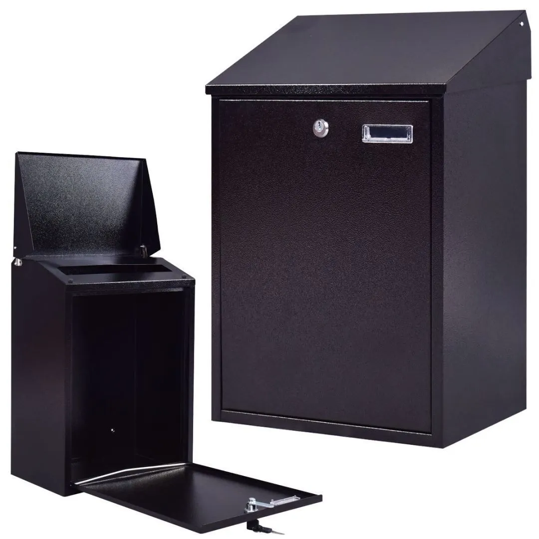 Costway Wall Mounted Outdoor Large Lockable Mailbox Steel Locking Home Letter Post Box in Black