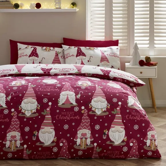 Catherine Lansfield Christmas Gnomes Polycotton Duvet Cover & Pillowcase Set 2