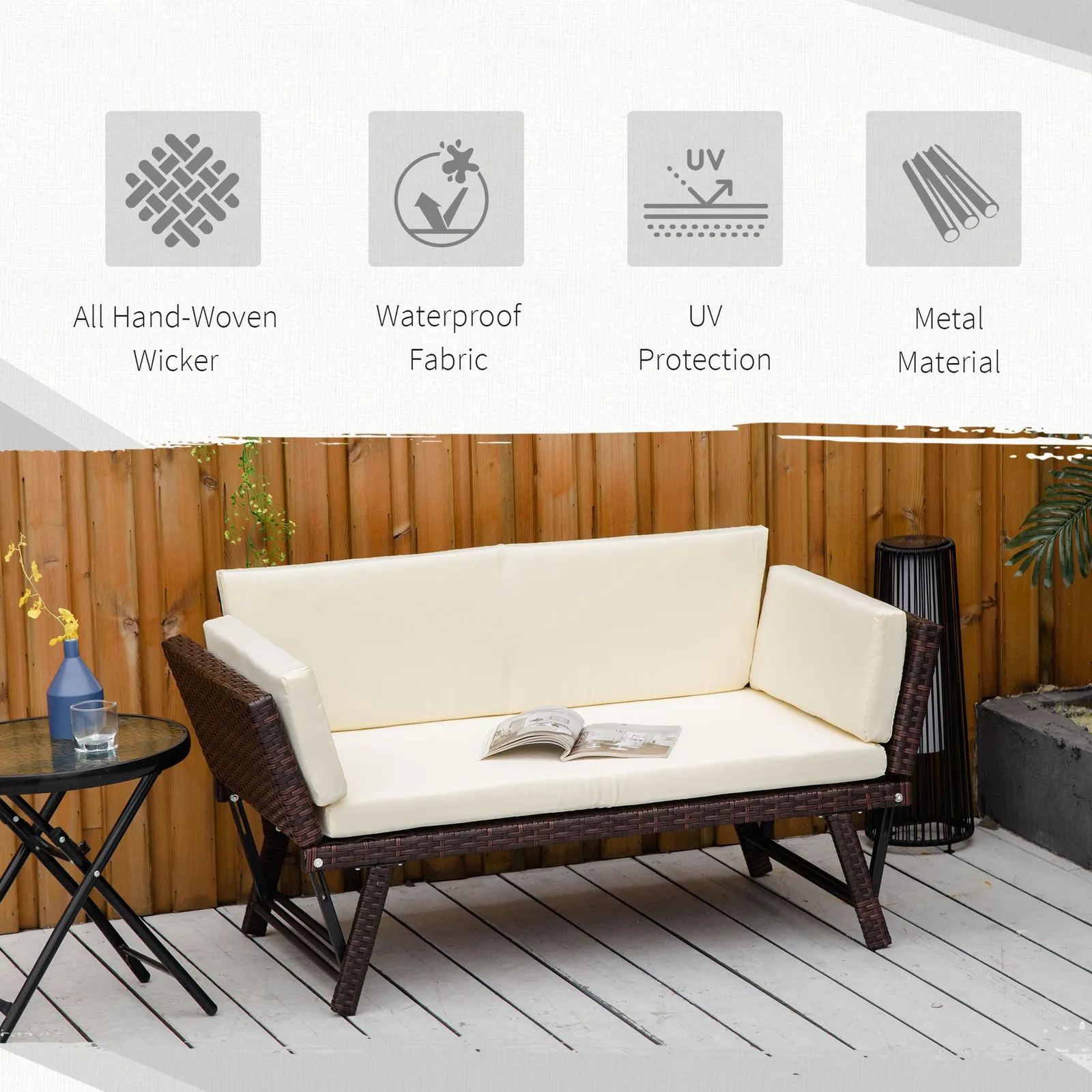 OUTSUNNY 2 in 1Rattan Folding Chaise Lounger w/ Cushion for Garden in Brown 5